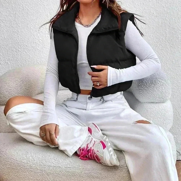 Black Casual Women's Zipper Front Vest Padded Coat - Picture 5 of 5